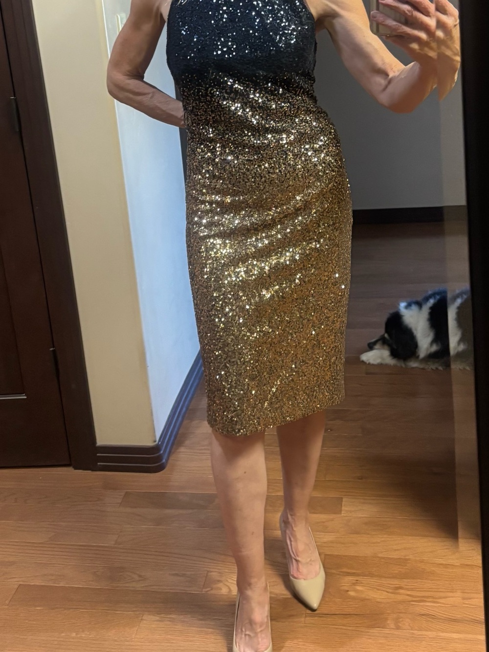 Nicole Miller Navy and Gold Sequin Sheath Dress